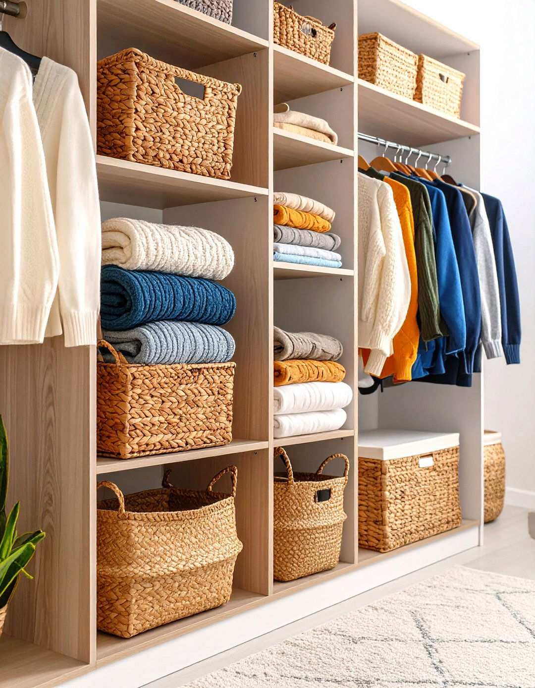 Color Coded Basket System with Woven Natural Materials - 24 sweater storage ideas