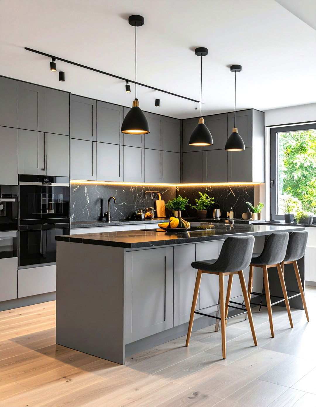Compact Kitchen Maximizing Storage - 24 Kitchen With Gray Cabinets And Black Countertops Ideas