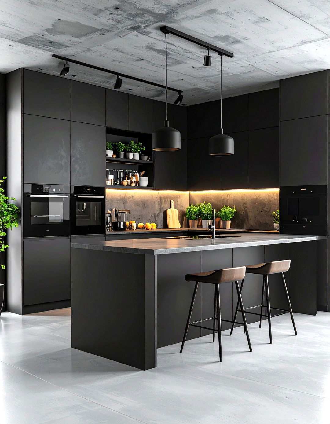 Concrete and Black Industrial Theme - 24 Kitchen With Black Appliances
