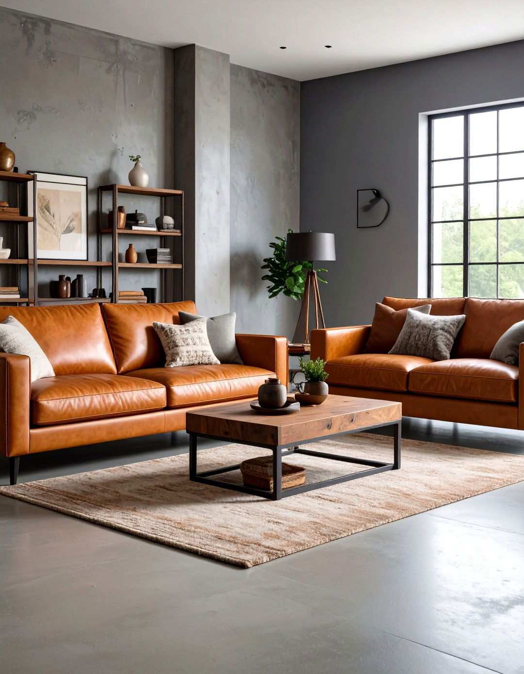 Concrete and Leather Combination - 24 Rustic Concrete Floor Living Room Ideas