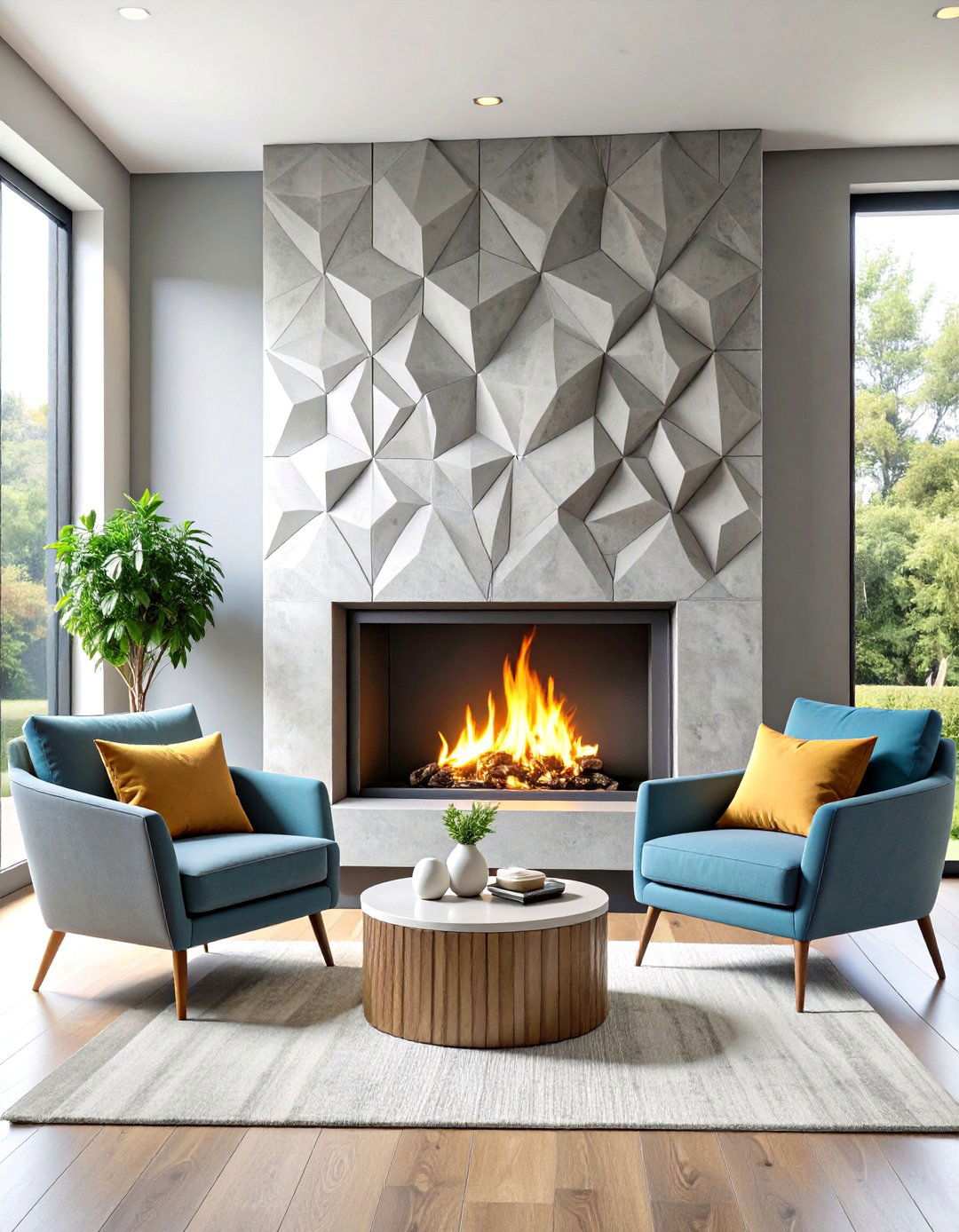 Concrete Panel Fireplace with Geometric Patterns - 24 Modern Fireplace Ideas