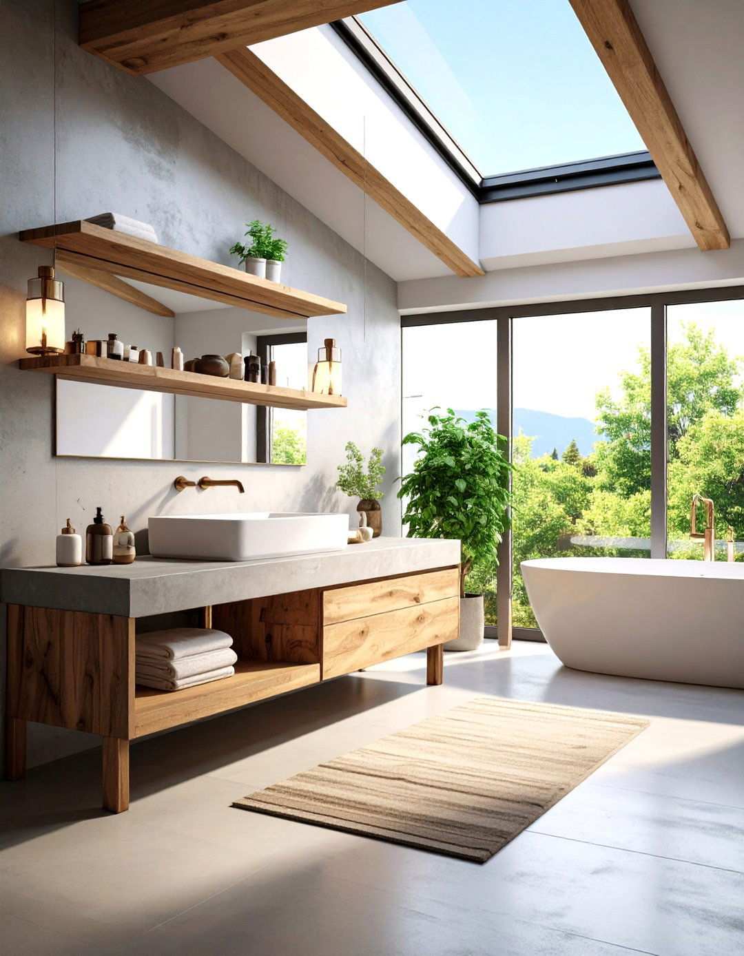Concrete Vanity Bathroom with Warm Wood Accents - 24 Japandi Bathroom Ideas