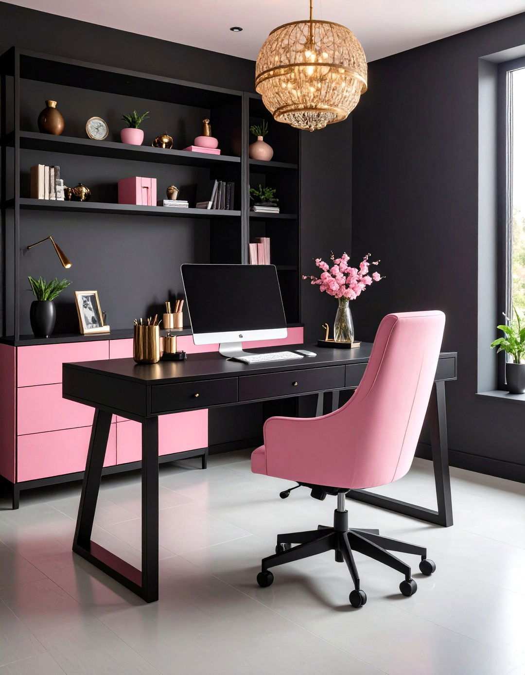 Contemporary Black and Pink Power Office - 24 Home Office Ideas for Her