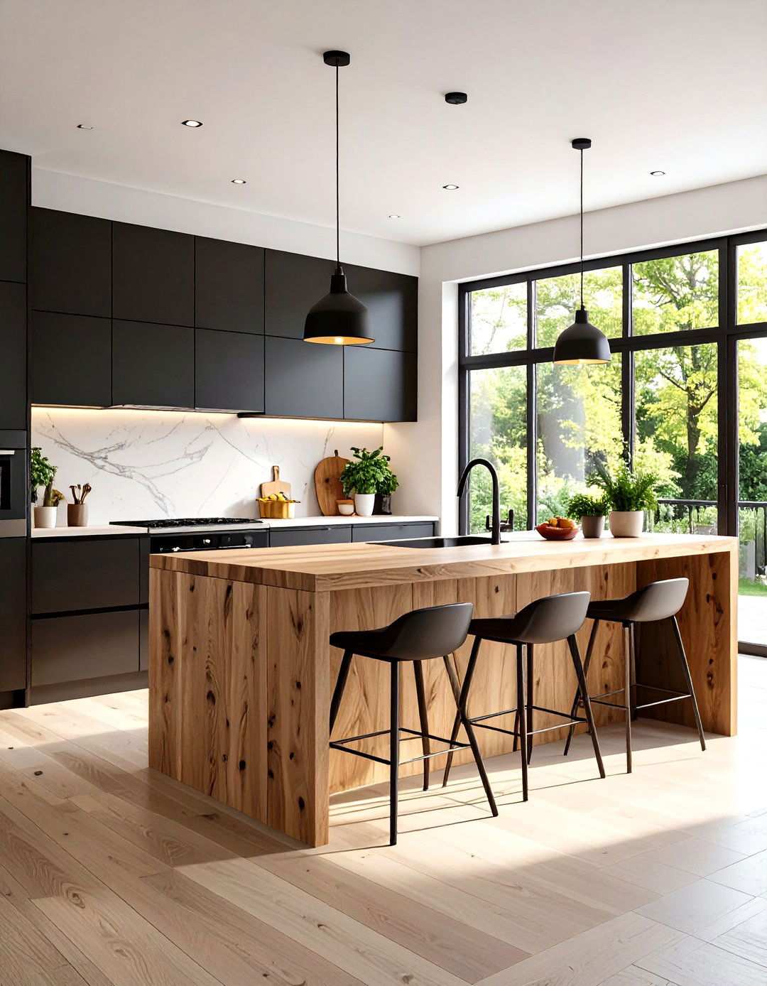 Contemporary Black Flat Panel Cabinets with Live Edge Wood - 24 Kitchen With Black Cabinets And Wood Countertops Ideas