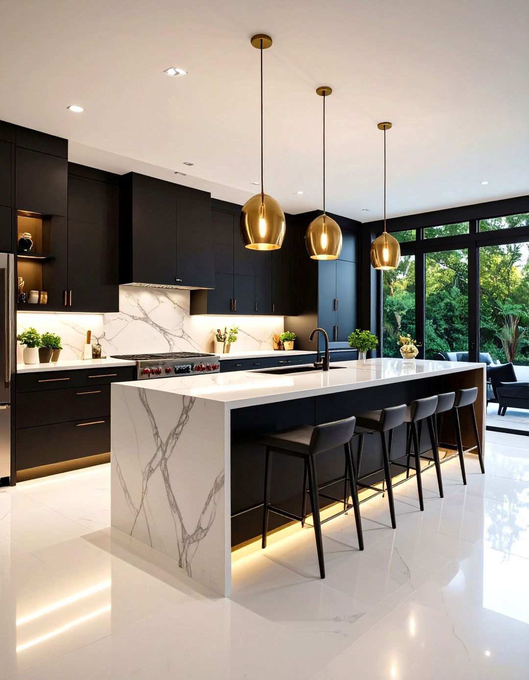Contemporary Black Kitchen Cabinets with Waterfall Islands - 24 Kitchens With Black Cabinets
