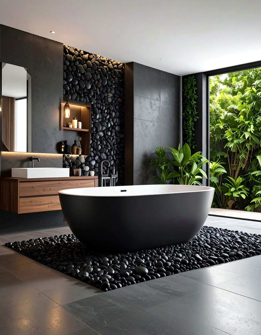 Contemporary Black Pebble Accent Wall - 24 Pebble Tile Bathroom Ideas