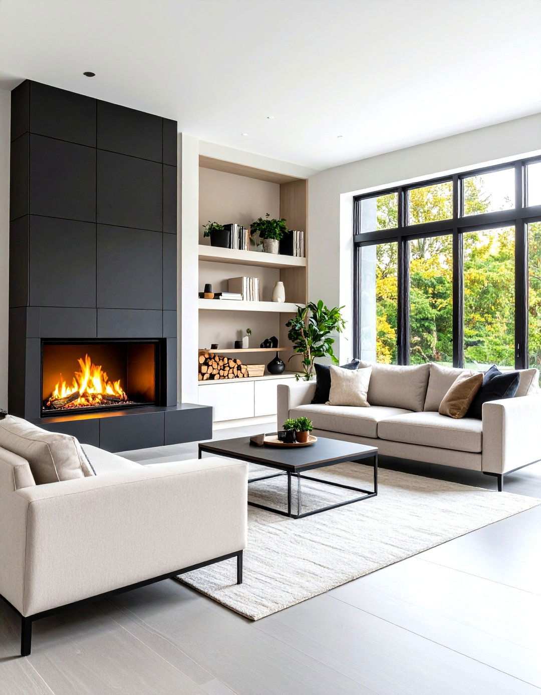 Contemporary Black Tile Fireplace With Sleek Ceiling Lines - 24 Rooms With Fireplaces With Vaulted Ceilings Features