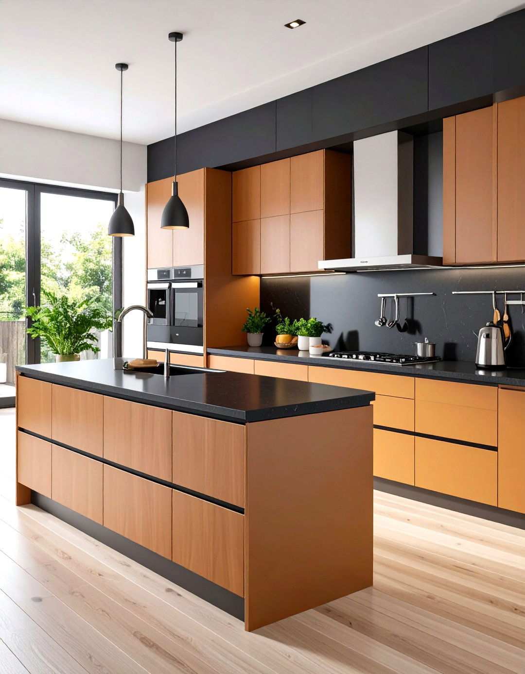 Contemporary Brown Cabinet Kitchen with Black Quartz Countertops - 24 kitchen with brown cabinets and black countertops ideas