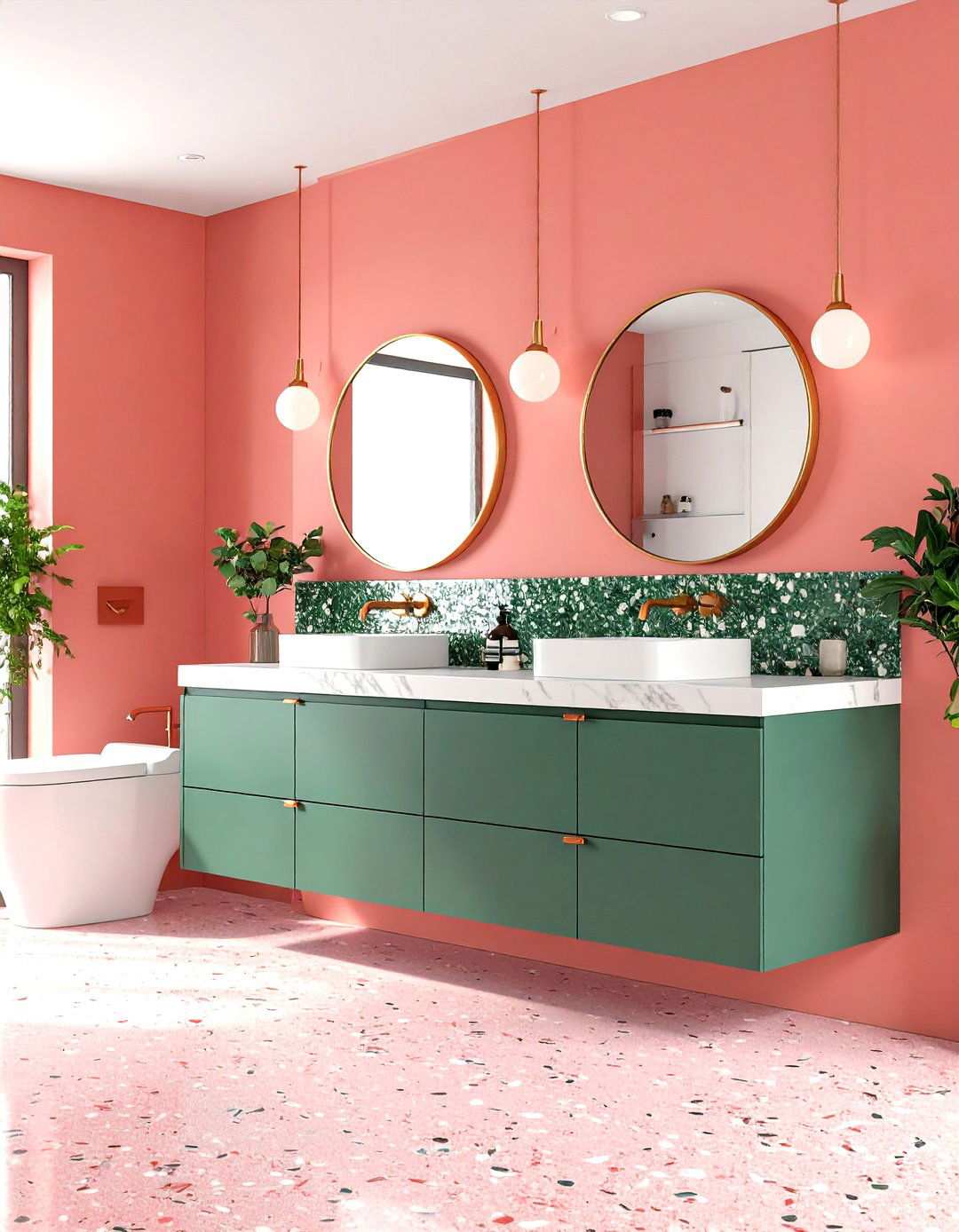 Contemporary Color Drenched Pink Statement - 24 Pink and Green Bathroom Design Ideas