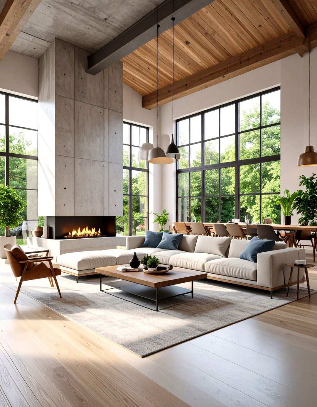 Contemporary Concrete Fireplace With Industrial Ceiling - 24 Rooms With Fireplaces With Vaulted Ceilings Features
