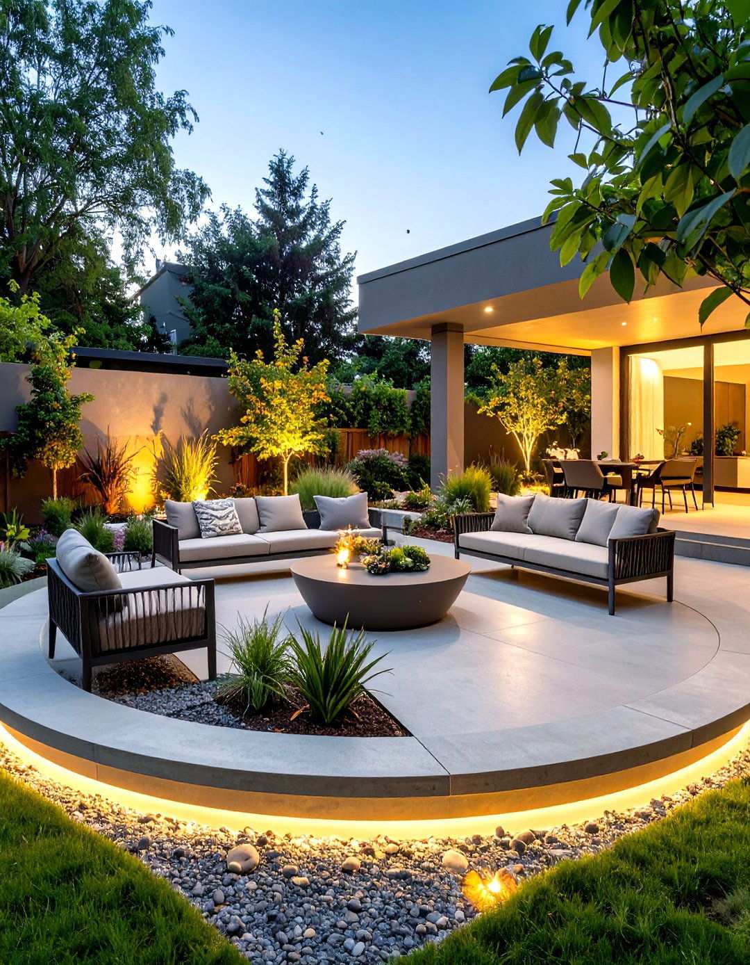 Contemporary Concrete Semi Circle Patio with Steel Accents - 24 Semi Circle Patio Ideas and Inspiration