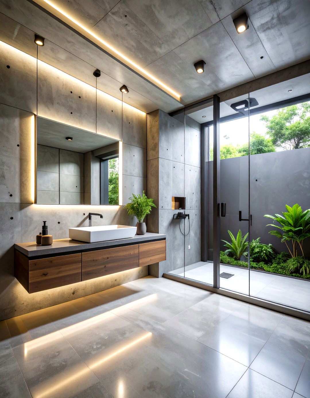 Contemporary Concrete Windowless Bathroom with Urban Elements - 24 Windowless Bathroom Ideas