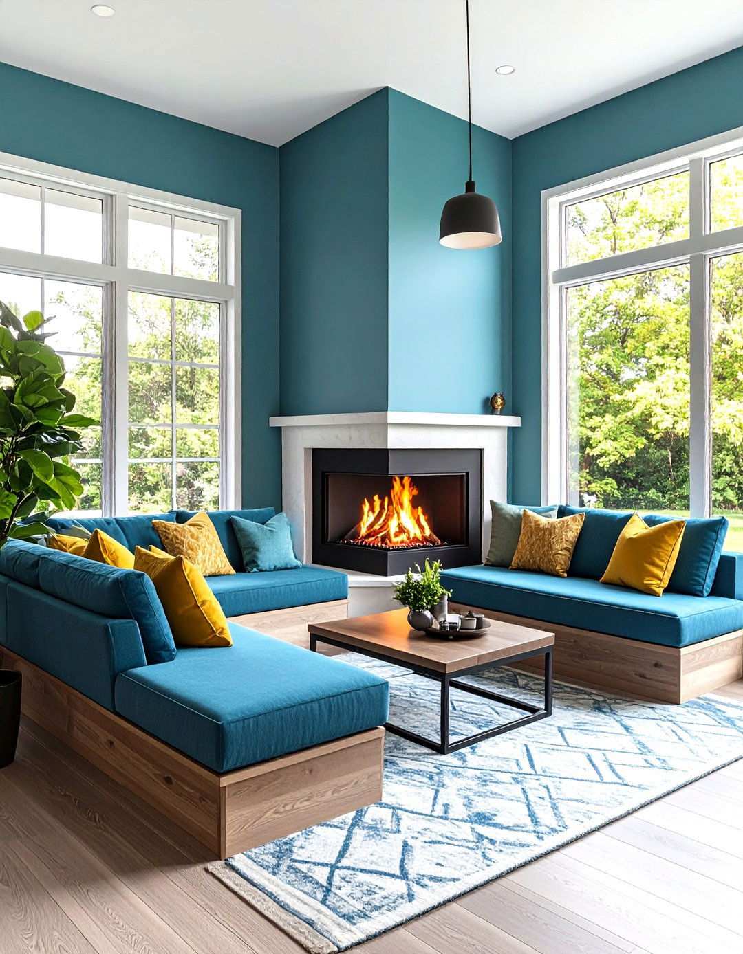 Contemporary Corner Gas Fireplace with Built In Seating - 24 Modern Fireplace Ideas
