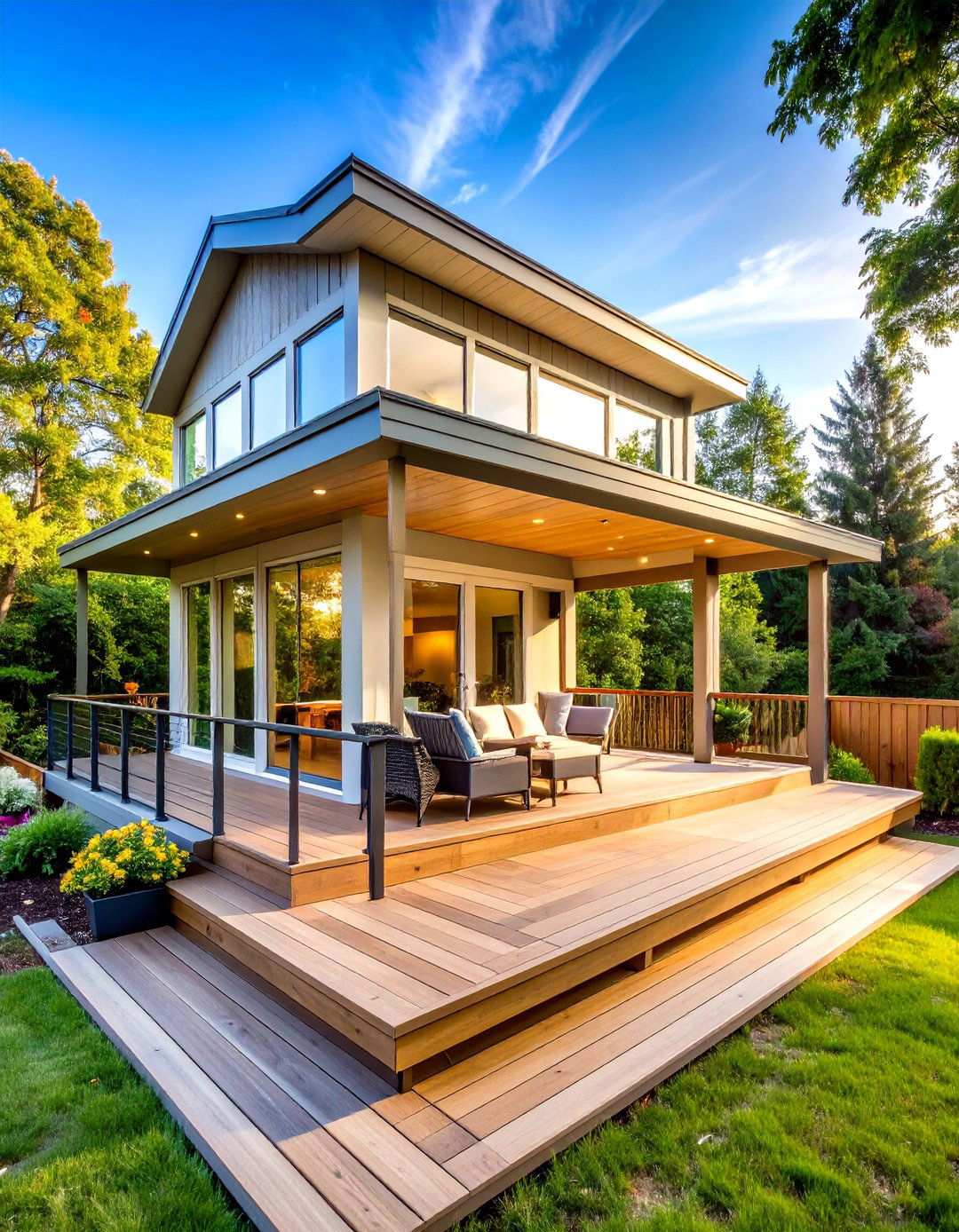 Contemporary Flat Roof Sunroom with Multi Level Deck - 24 Sunroom and Deck Combo Ideas