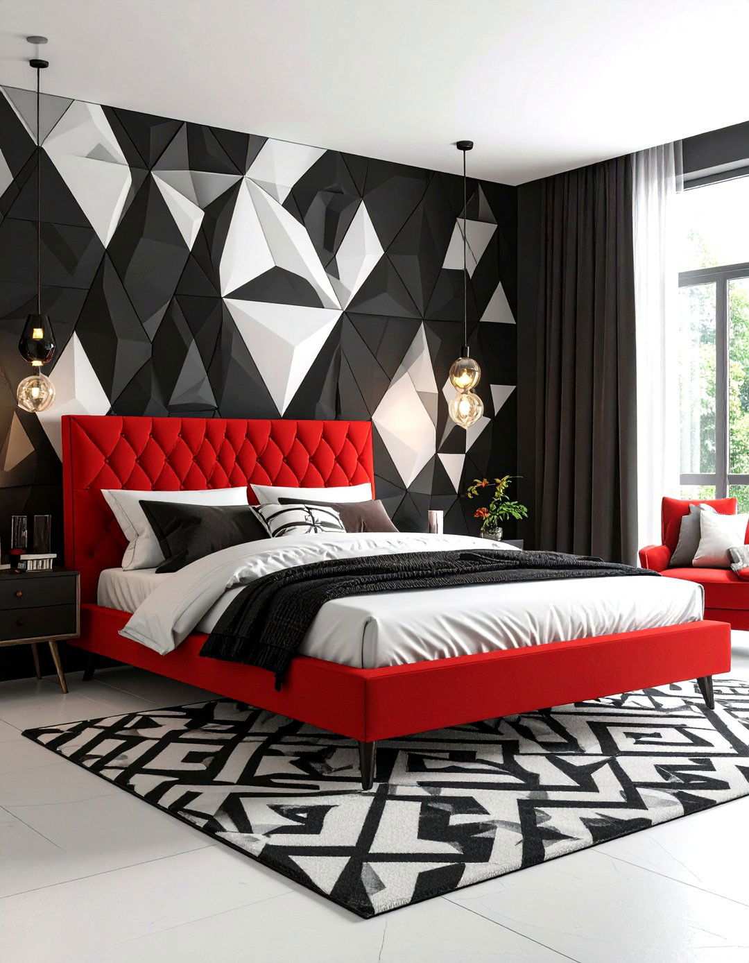 Contemporary Geometric Pattern Bedroom - 24 red black and white bedroom ideas