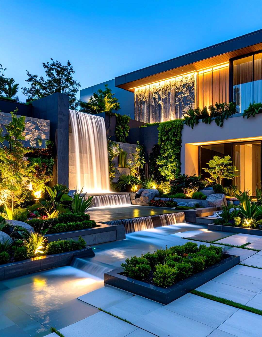 Contemporary Geometric Waterfall - 24 Pondless Waterfall Ideas