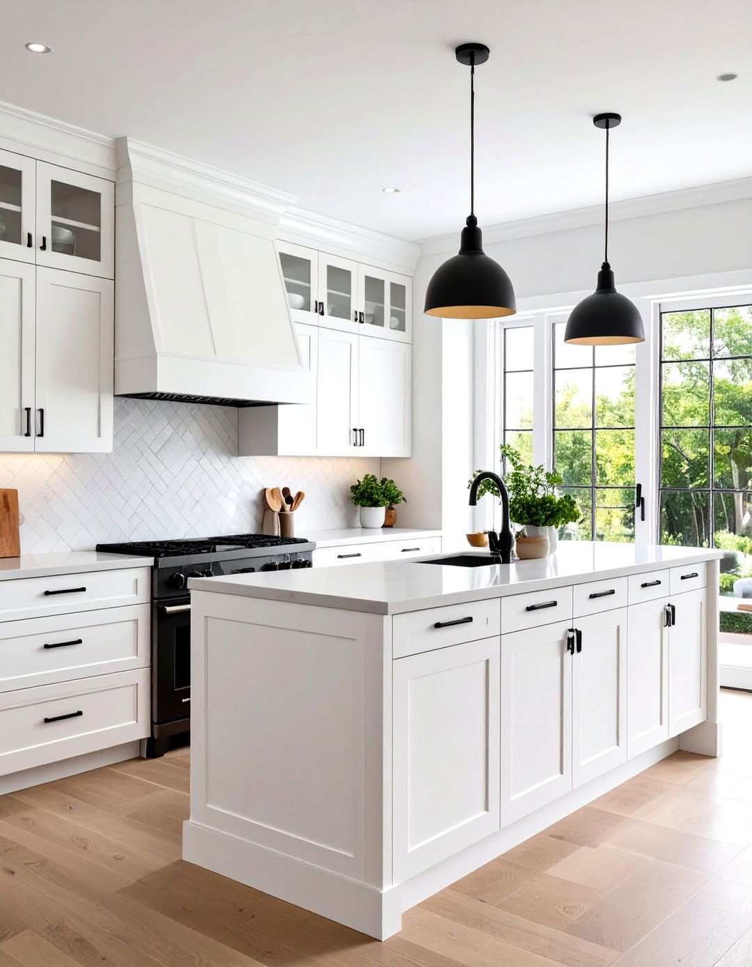 Contemporary Kitchen with Asymmetrical Black Hardware Placement - 24 White Kitchen Cabinets With Black Hardware