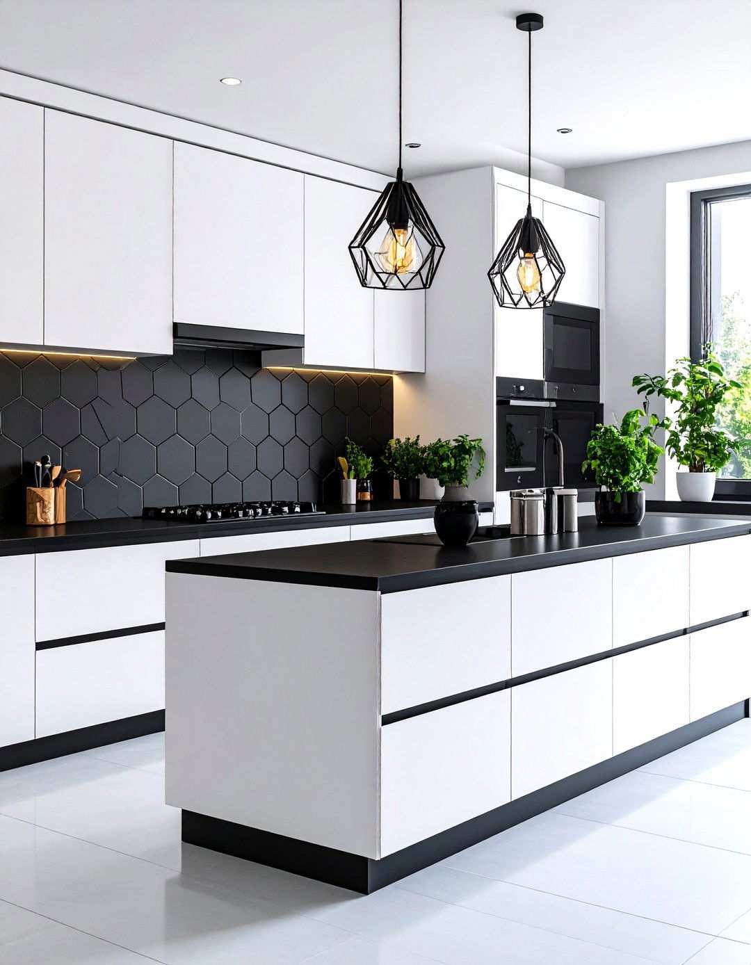 Contemporary Kitchen with Geometric Backsplash - 24 white kitchen with black countertops ideas