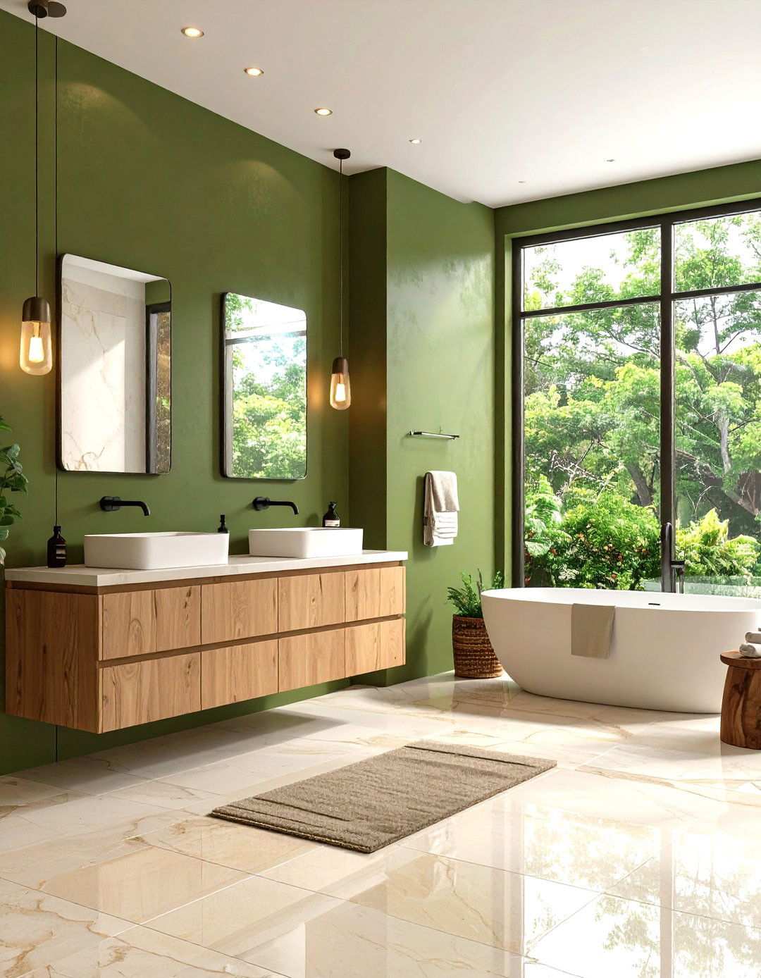 Contemporary Master Bathroom with Olive Green Vanity Wall - 24 Olive Green Room Ideas