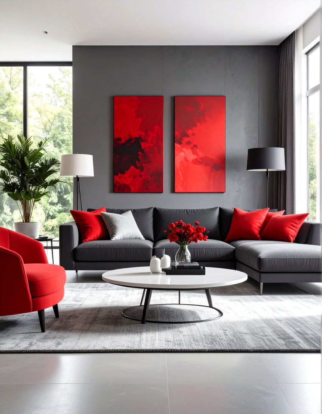 Contemporary Monochromatic Grey with Red Pop Art - 24 Red and Grey Living Room Ideas