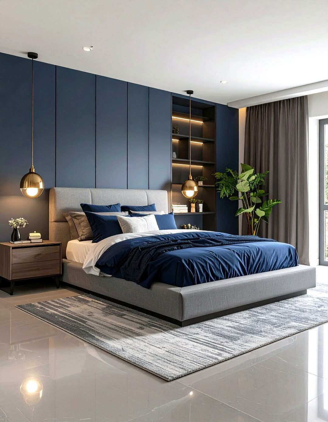 Contemporary Navy and Grey Platform Bed - 24 Navy Blue and Grey Bedroom Ideas