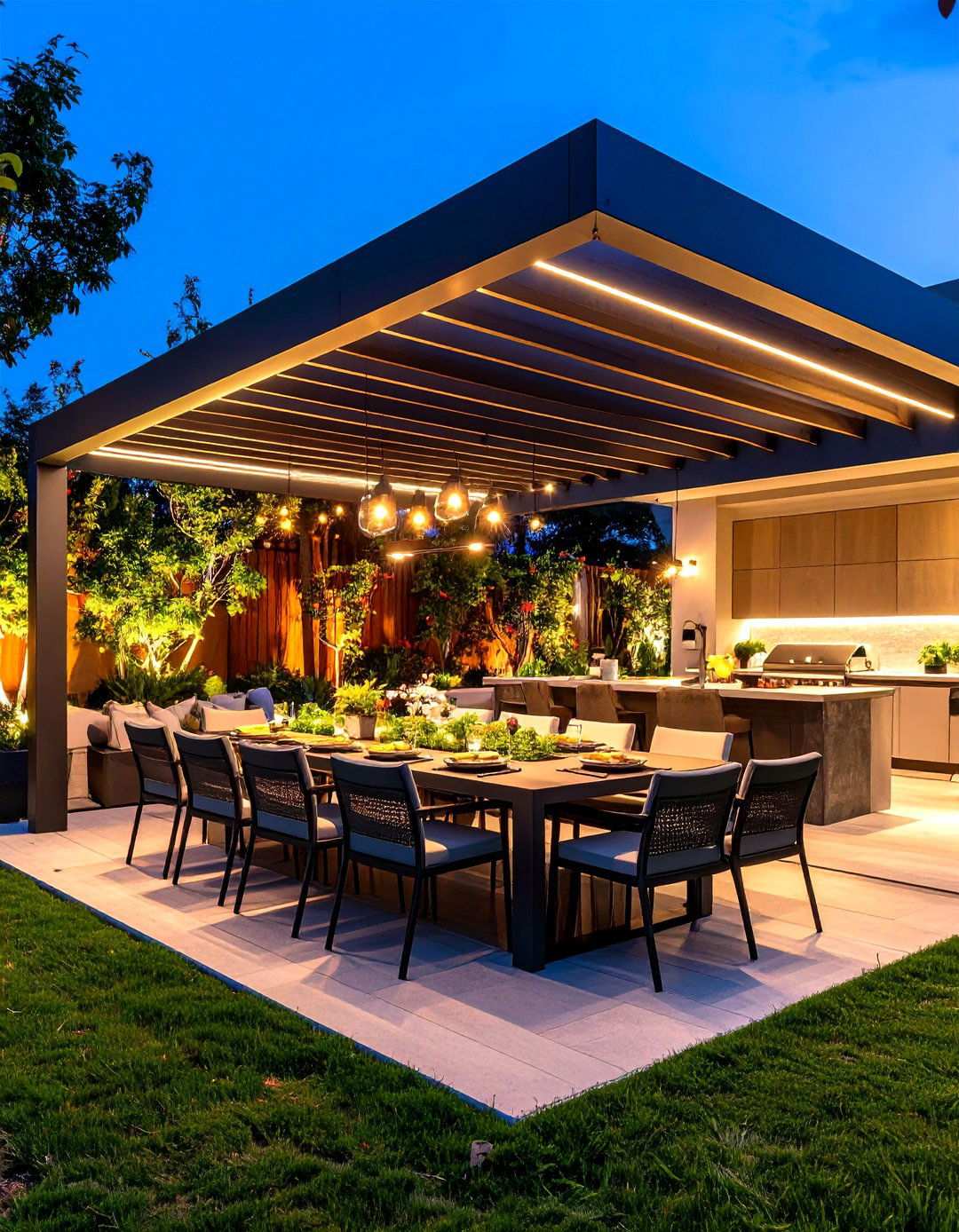 Contemporary Pergola Dining Area with Integrated Technology - 24 Outdoor Living Space Ideas