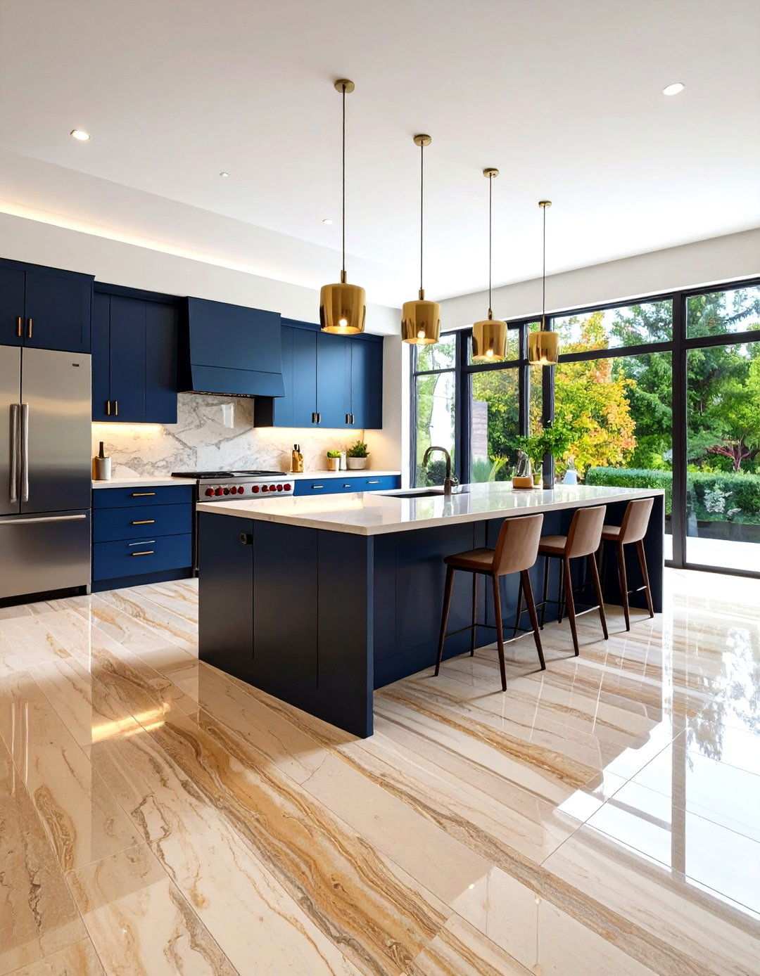Contemporary Polished Travertine with Dark Cabinetry - 24 Travertine Floor Kitchen Ideas