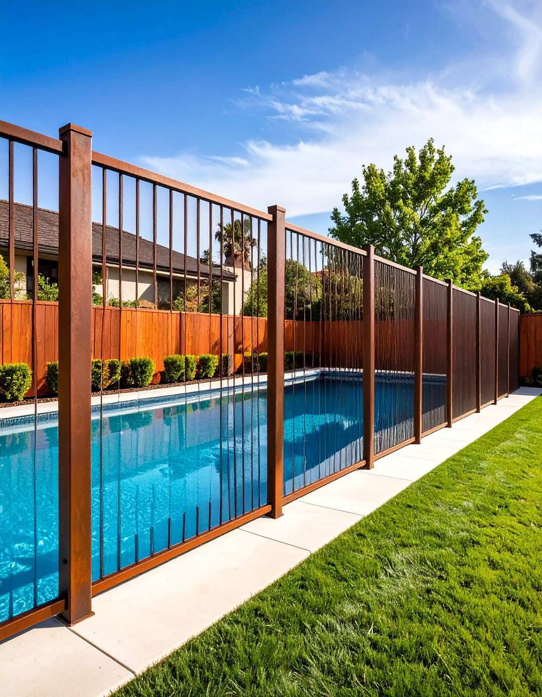 Contemporary Pool Fence with Corten Steel Panels - 24 Pool Fence Ideas