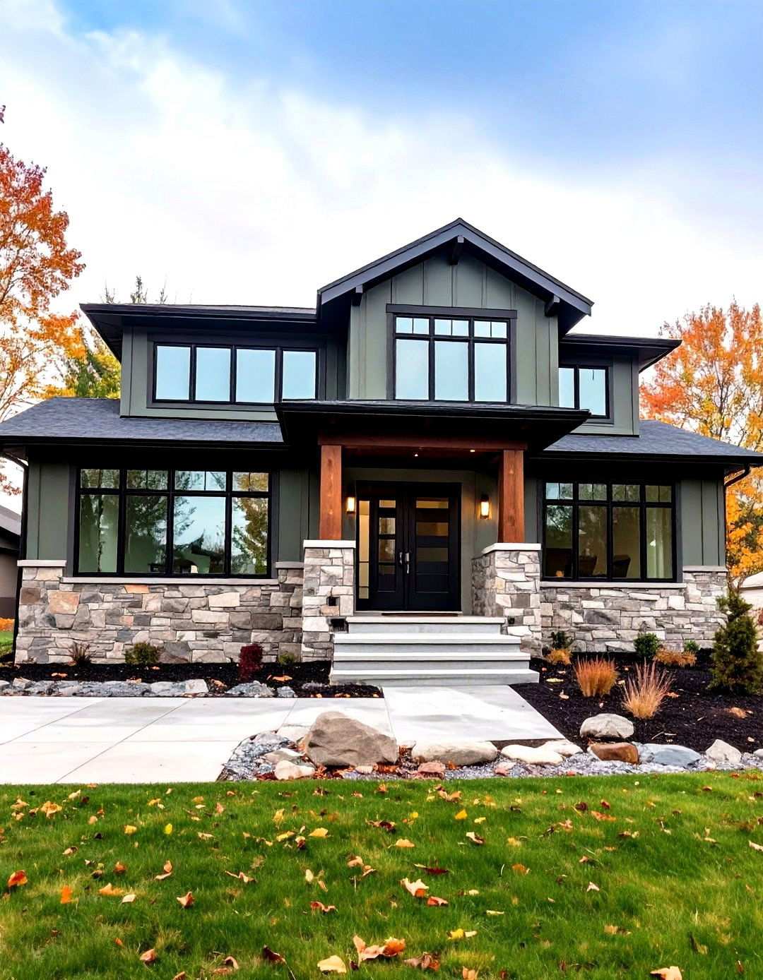 Contemporary Ranch with Sage Green Siding and Black Elements - 24 Sage Green House With Black Door