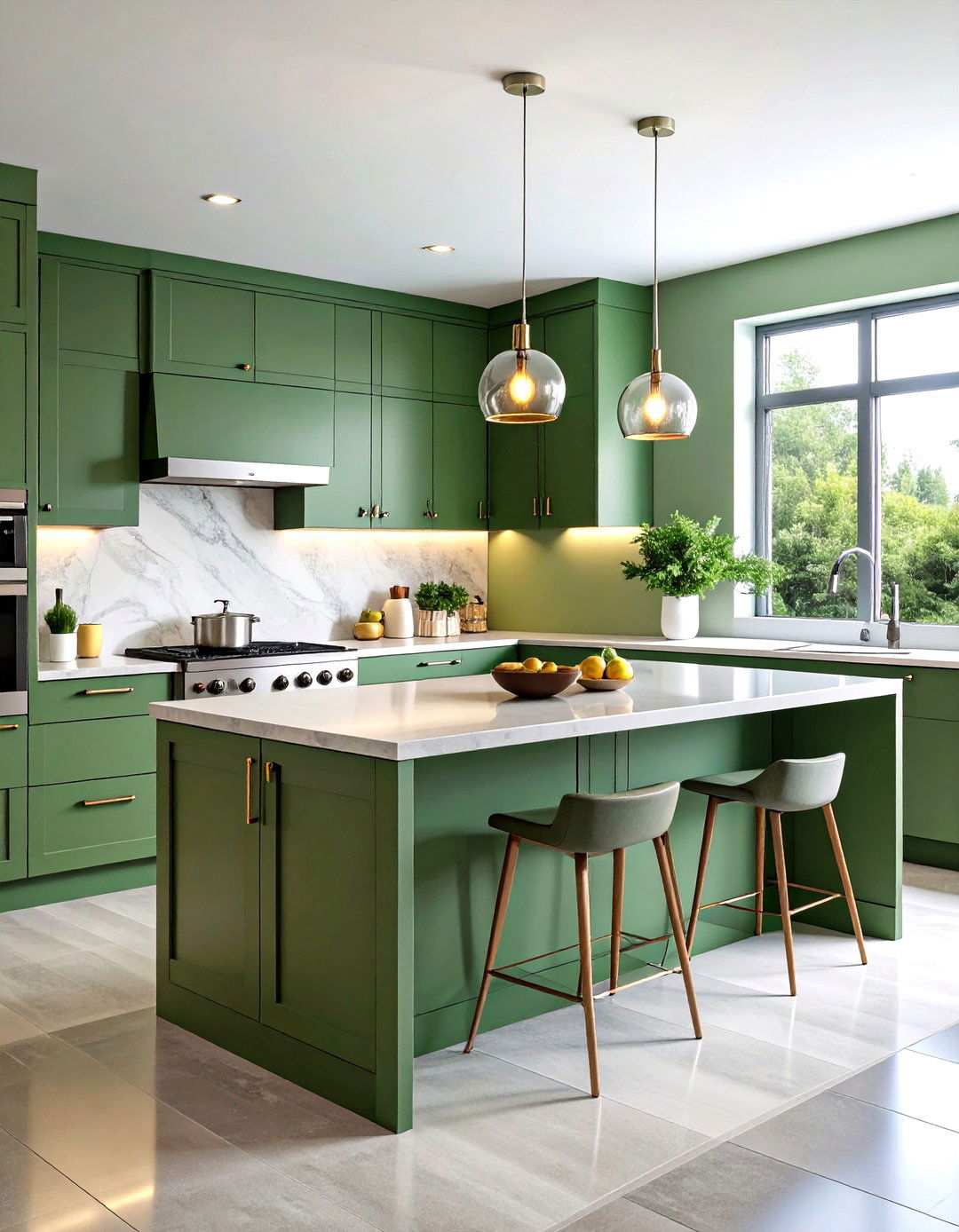 Contemporary Sage Green Island with Glass Pendant Lighting - 24 Sage Green Kitchen Island Ideas