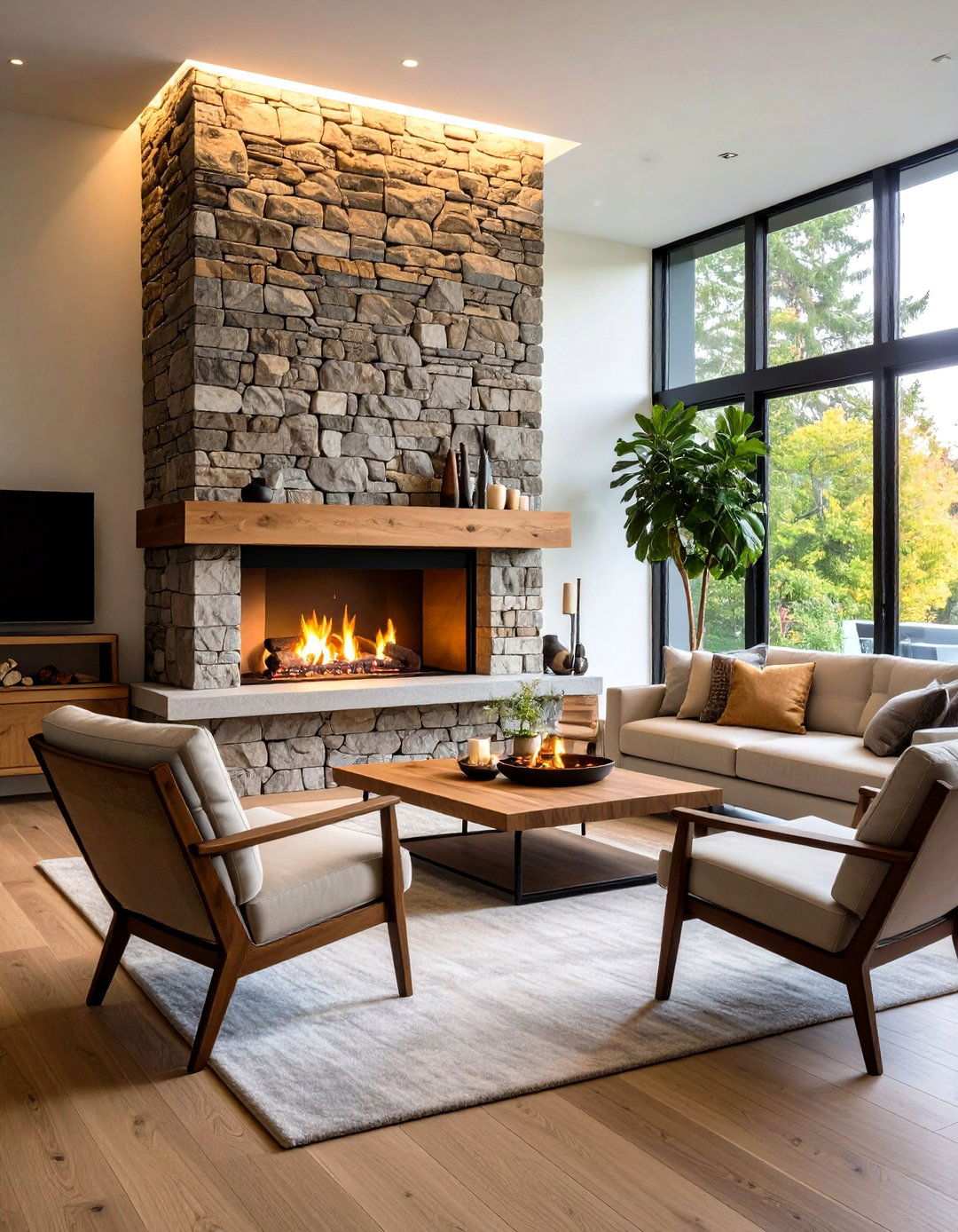 Contemporary Stacked Stone Surround - 24 White Stone Fireplace Ideas