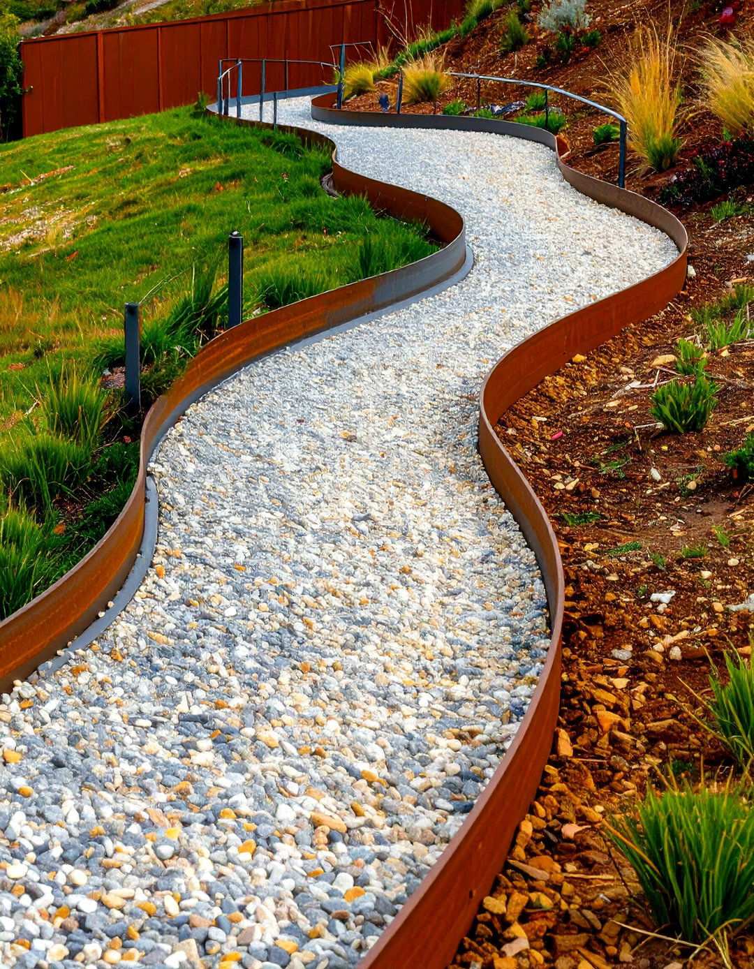 Contemporary Steel Edged Gravel Path - 24 Sloped Walkway Ideas