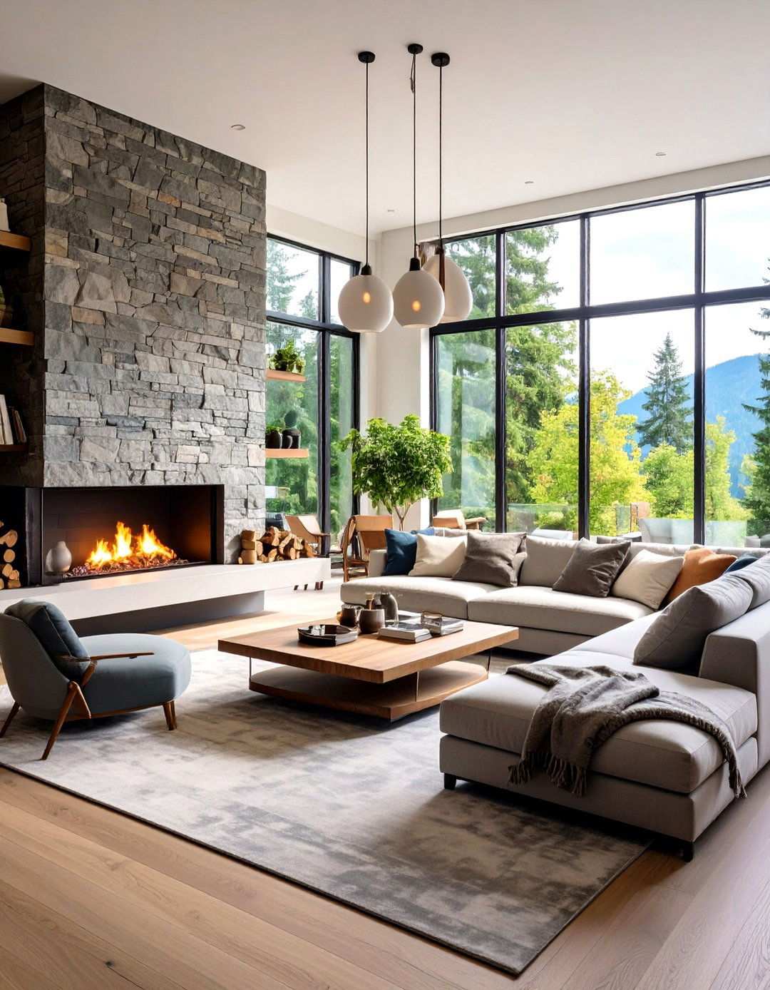 Contemporary Stone Fireplace Focal Point - 24 Open Concept Vaulted Ceiling Living Room Ideas