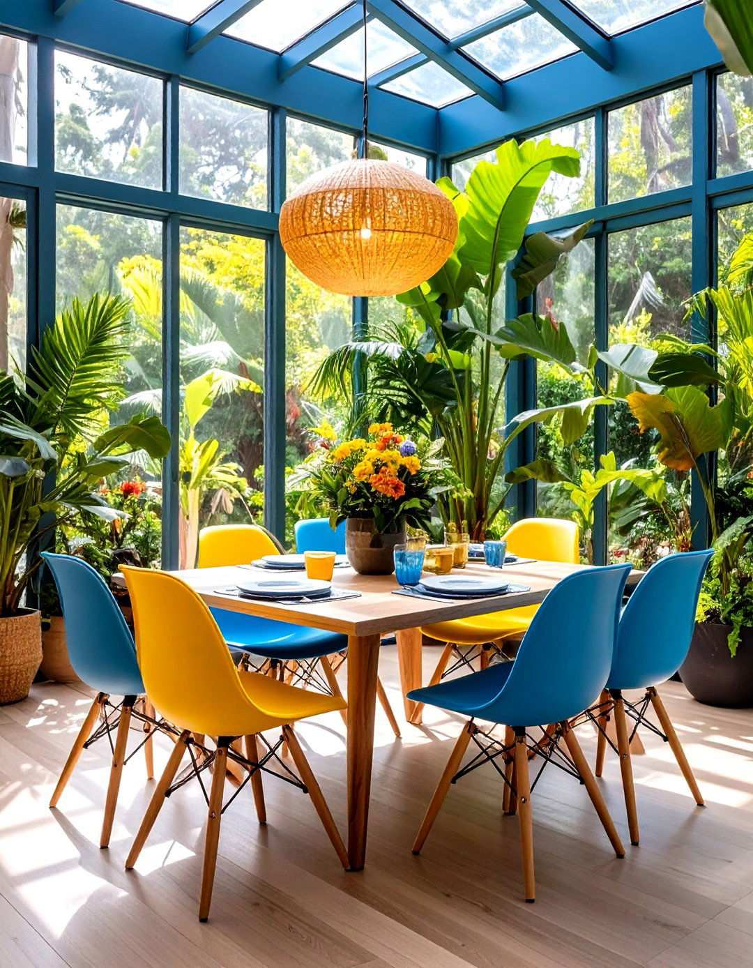 Contemporary Sunroom Dining with Bold Colors - 24 Sunroom Dining Room Ideas