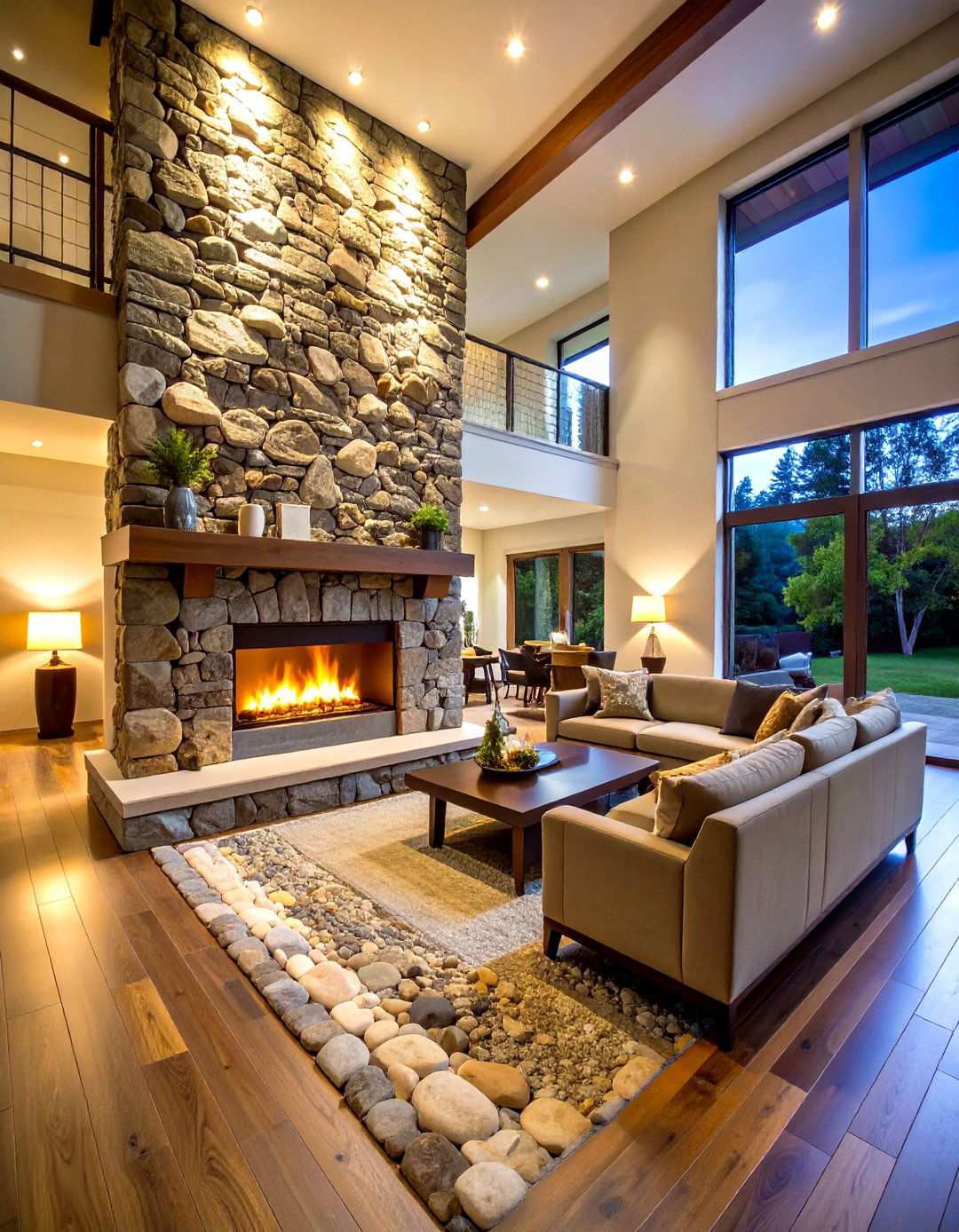 Contemporary Two Story River Rock Installation - 24 River Rock Fireplace Ideas
