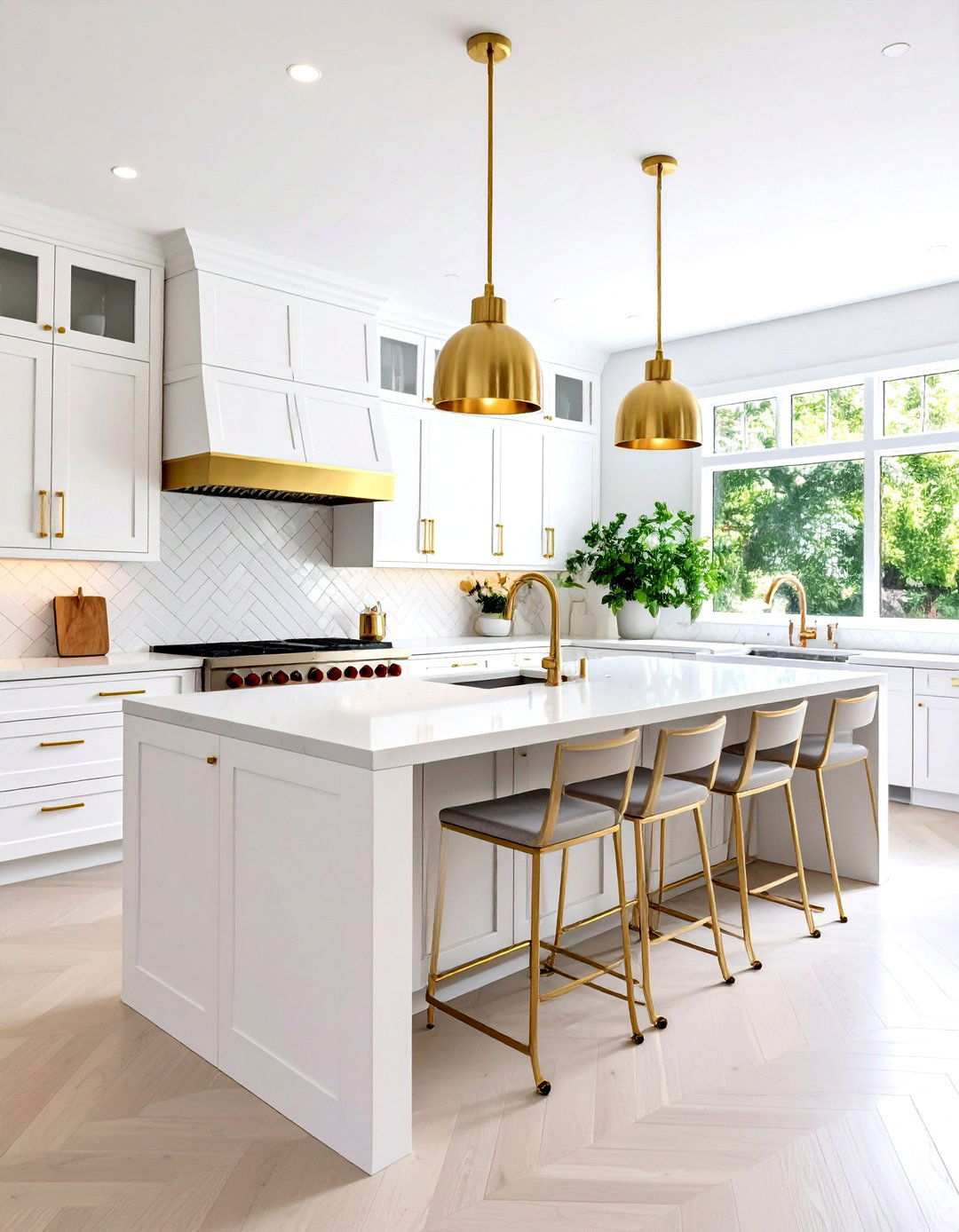 Contemporary White and Gold Kitchen with Brass Accents - 24 White and Gold Kitchen Ideas
