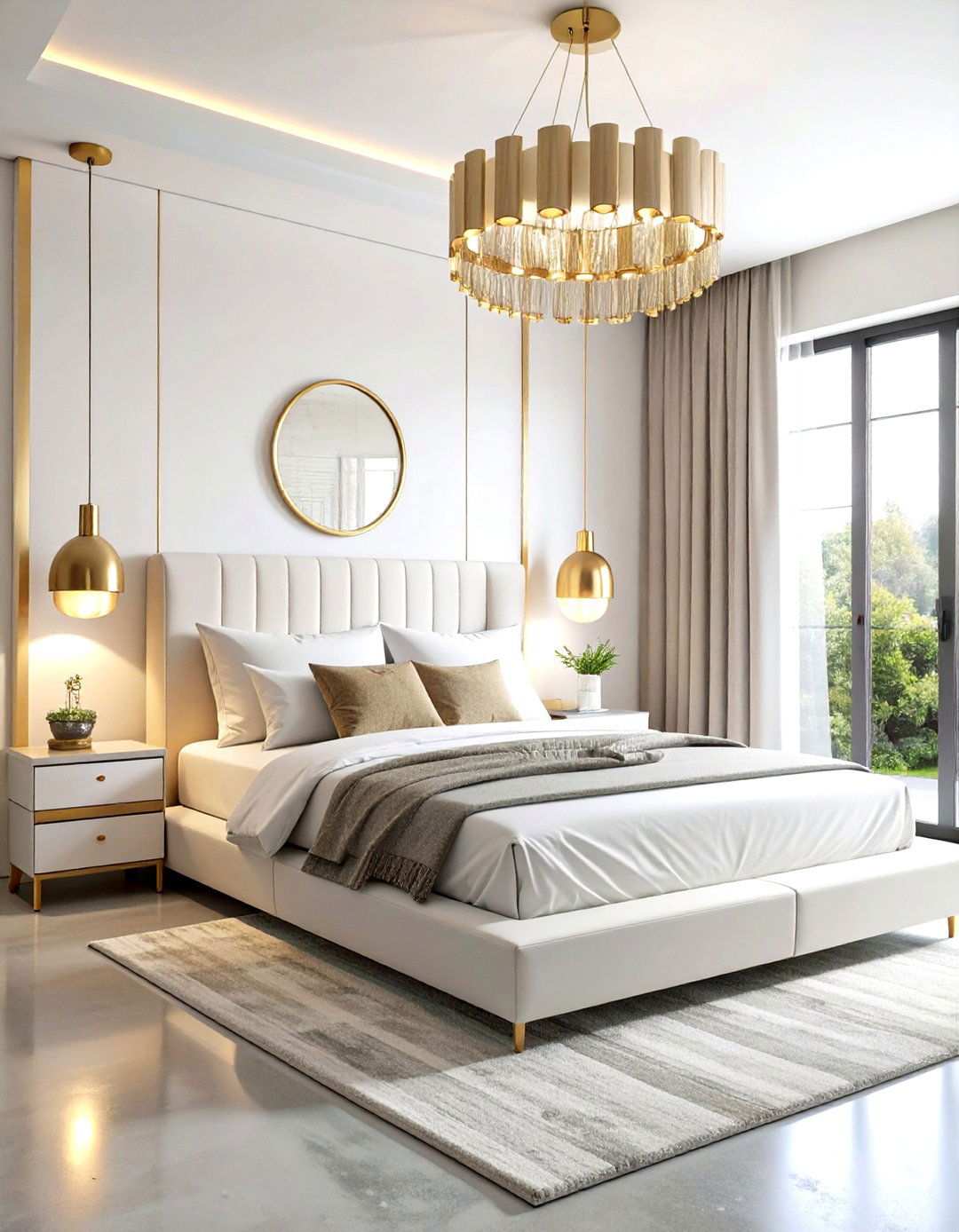 Contemporary White Bedroom with Metallic Gold Lighting - 24 White and Gold Bedroom Ideas