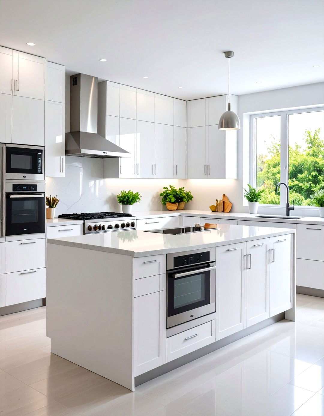 Contemporary White Flat Panel Cabinets with Integrated Stainless Appliances - 24 White Kitchen with Stainless Steel Appliances Ideas