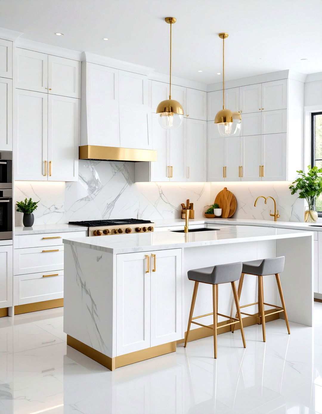 Contemporary White Handleless Cabinets with Integrated Gold Hardware - 24 White Kitchen Cabinets With Gold Hardwar
