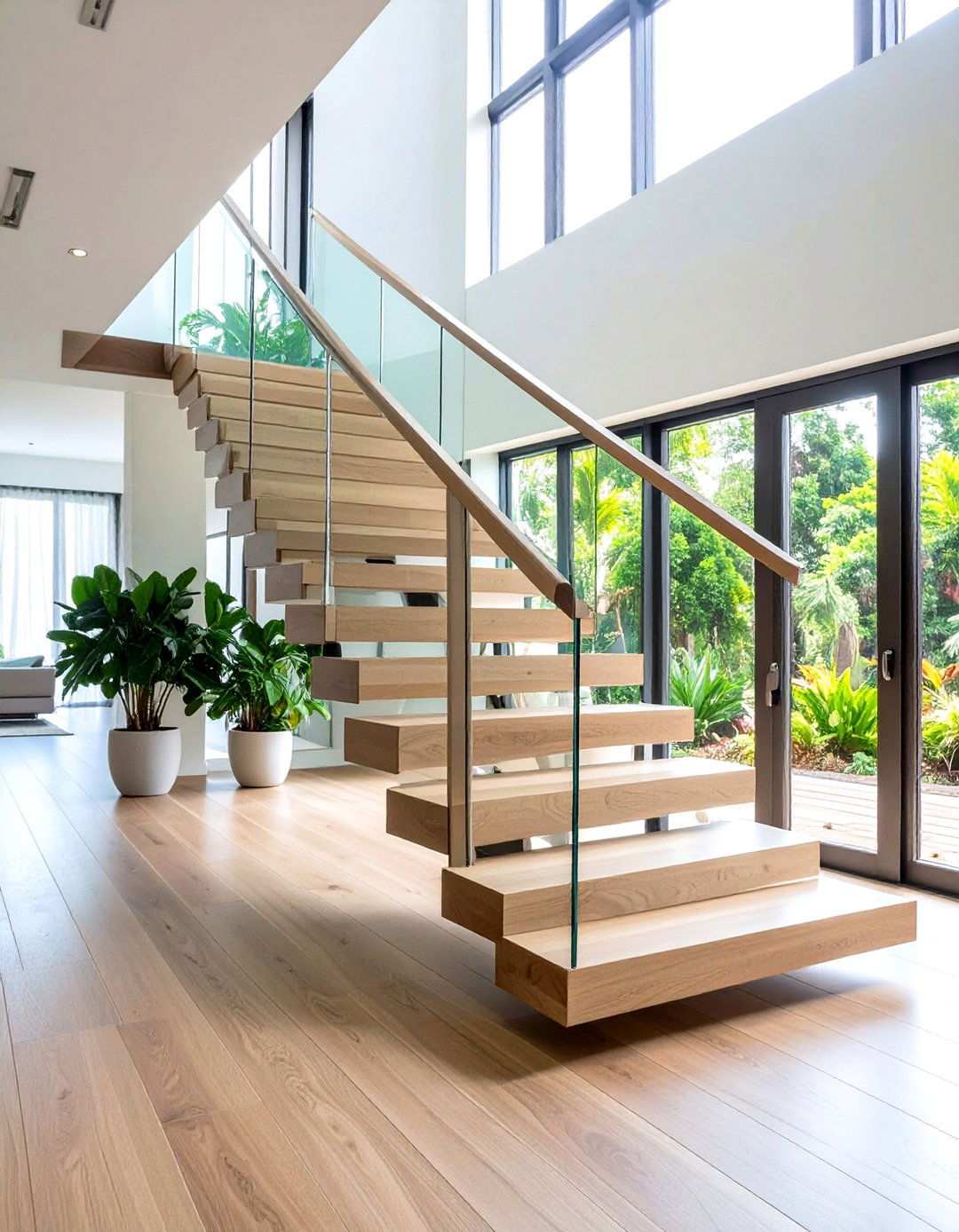 Contemporary White Oak Floating Staircase with Glass Railings - 24 White Oak Staircase Ideas