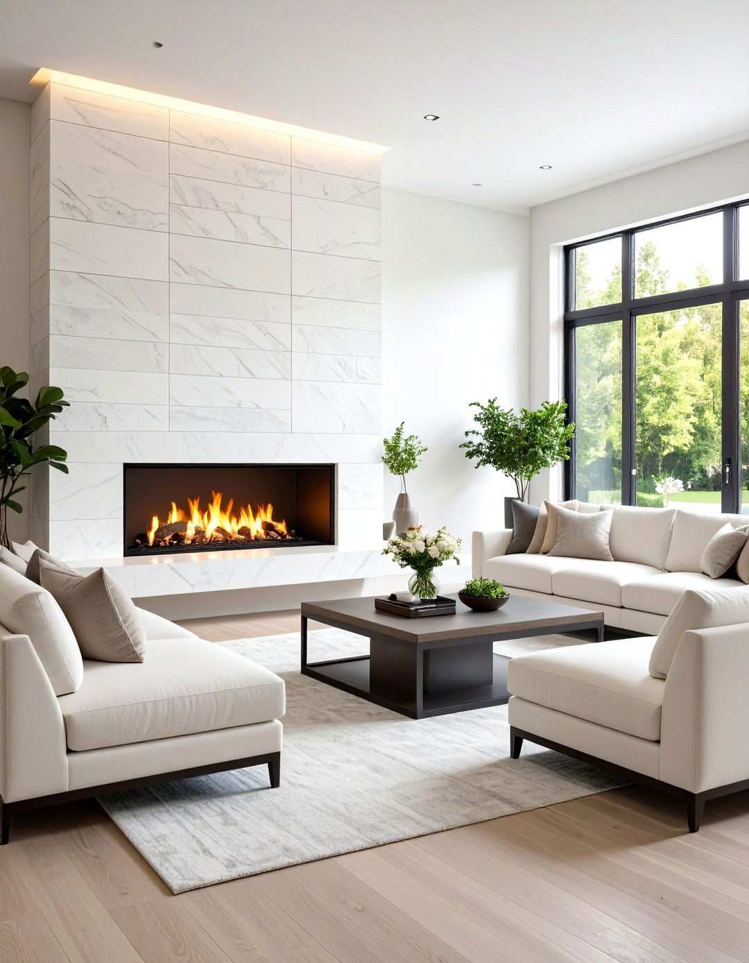 Contemporary White Stone Linear Design - 24 White Stone Fireplace Ideas