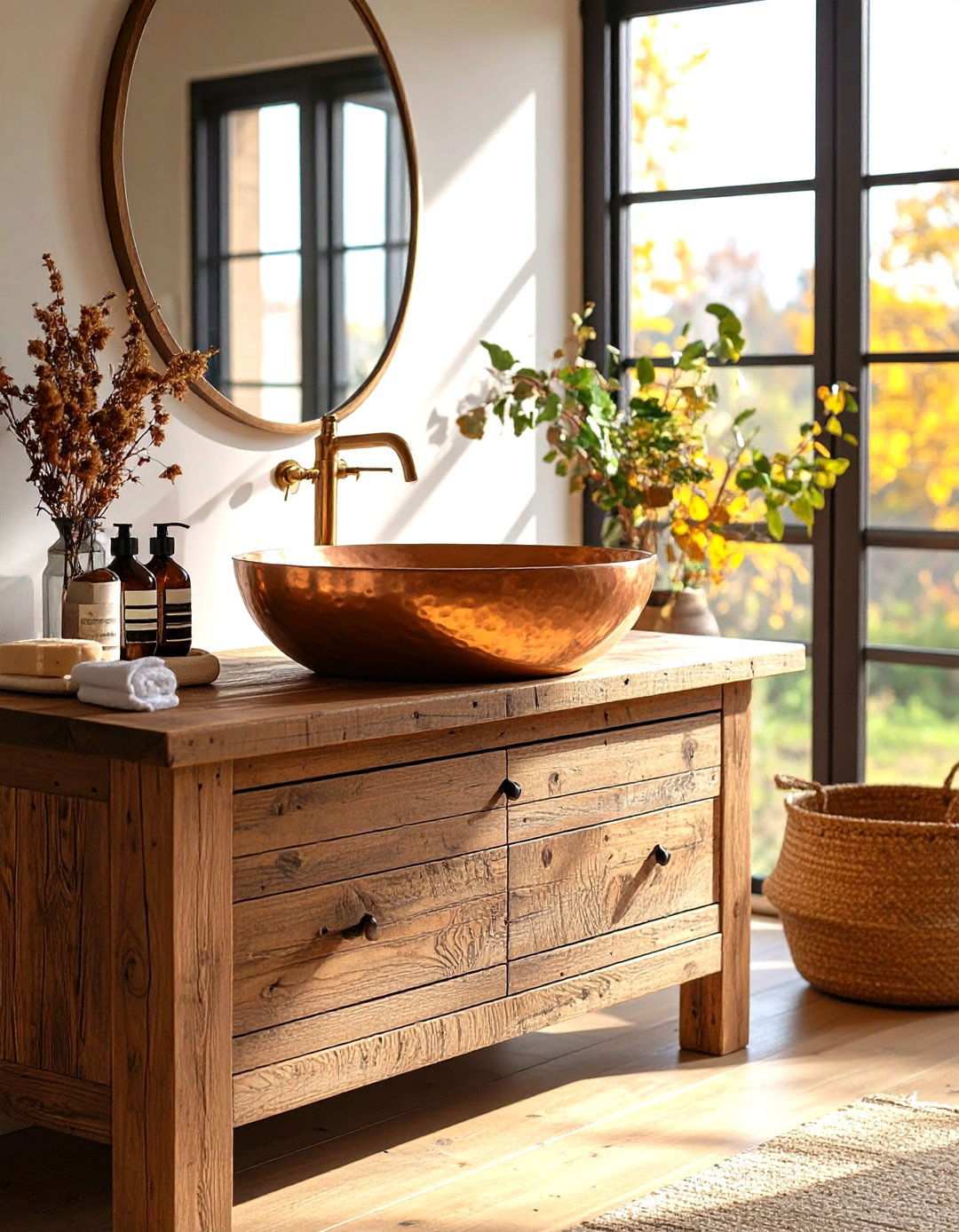 Copper Bowl Sink with Rustic Wooden Vanity - 24 Small Bathroom Sink Ideas
