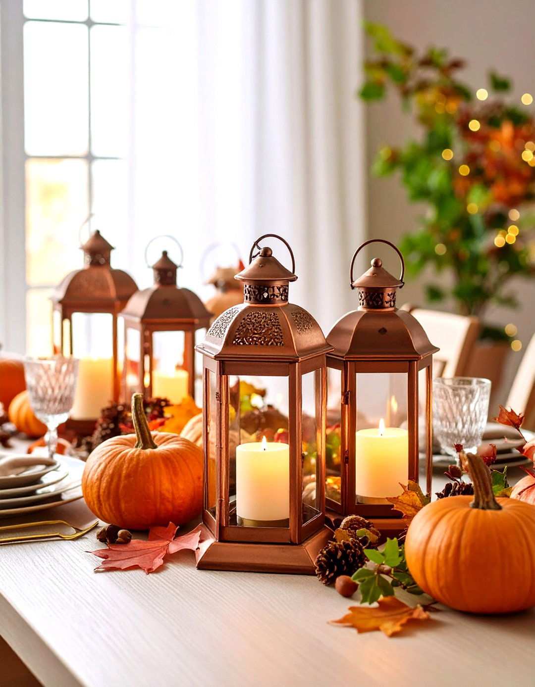 Copper Lanterns with Autumn Foliage Display - 24 Lantern Centerpiece Ideas