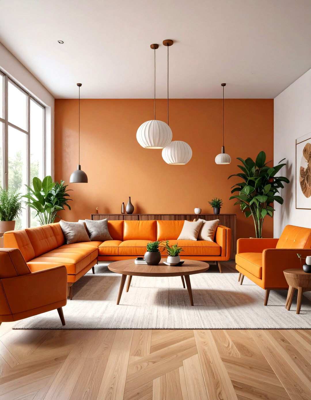 Copper Orange Mid Century Modern Lounge with Retro Furniture - 24 Ways to Decorate With Jewel Tones