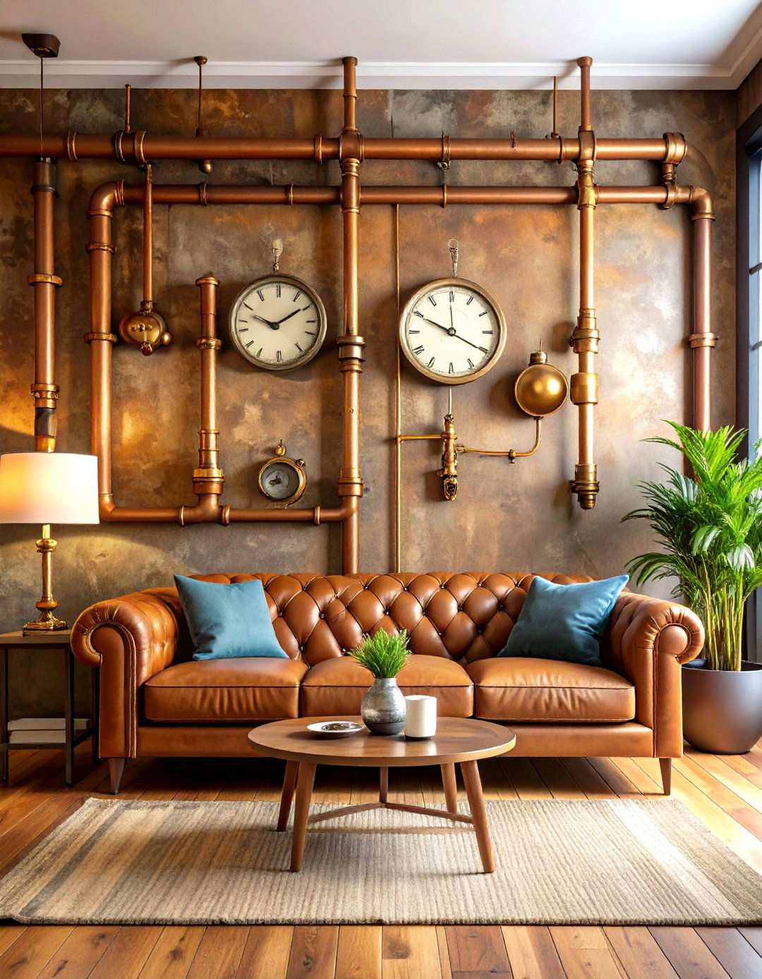 Copper Wall Accent Features - 24 Steampunk Living Room Ideas