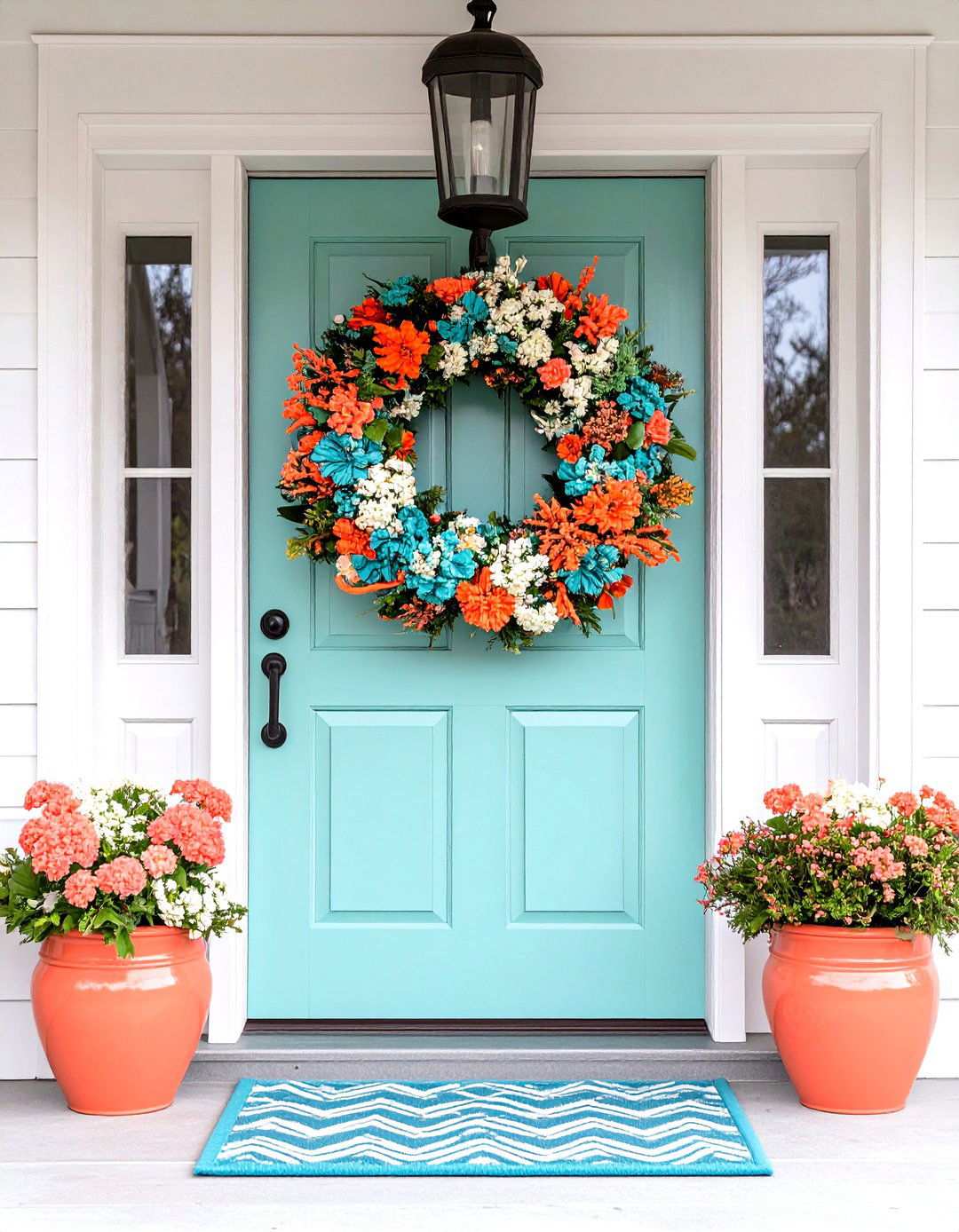Coral and Turquoise Coastal - 24 Summer Front Door Decor Ideas