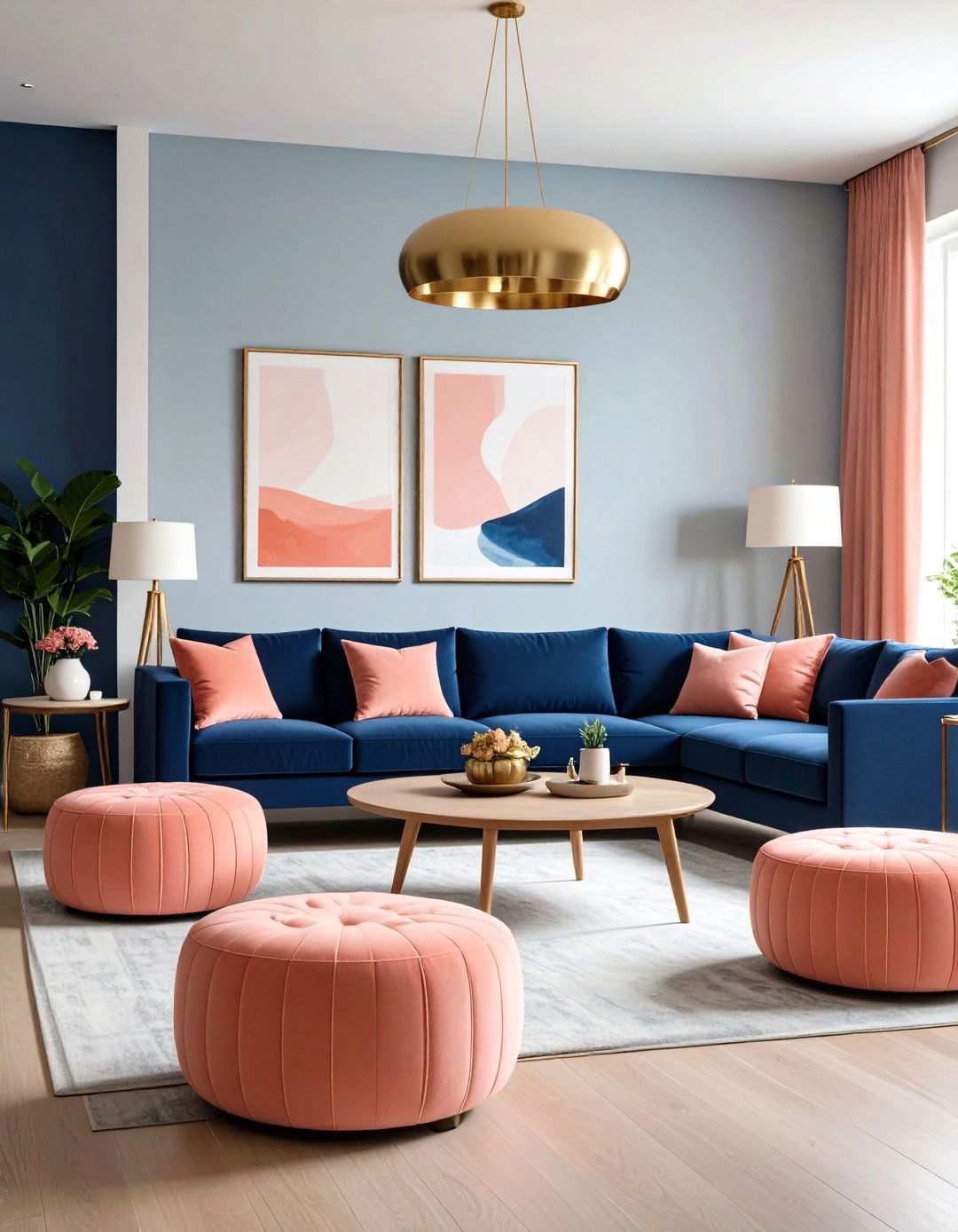 Coral Pink Ottoman Collection with Navy Blue Sectional Seating - 24 Pink and Blue Living Room Ideas