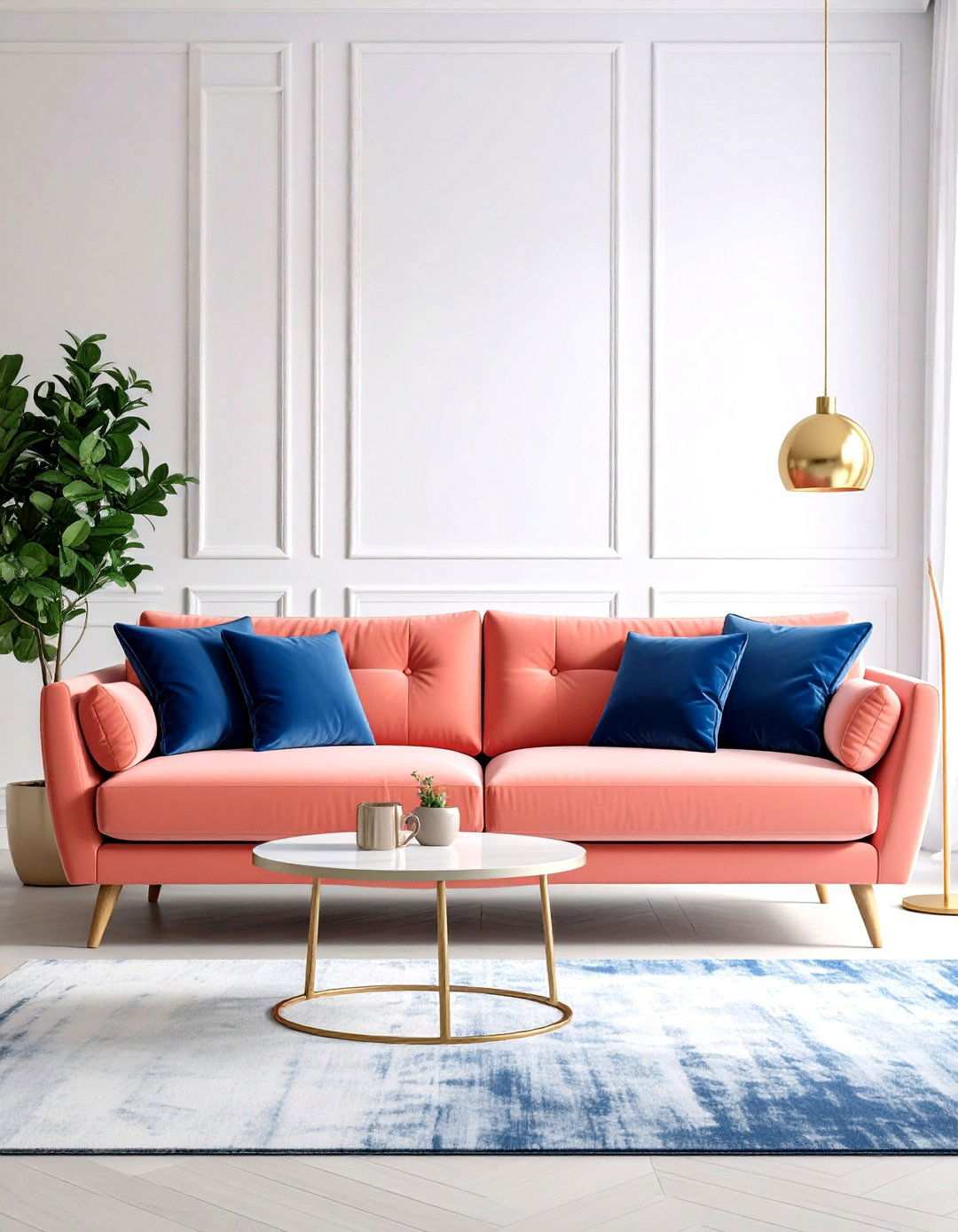 Coral Pink Sofa with Navy Blue Accents - 24 Pink Couch Living Room Ideas