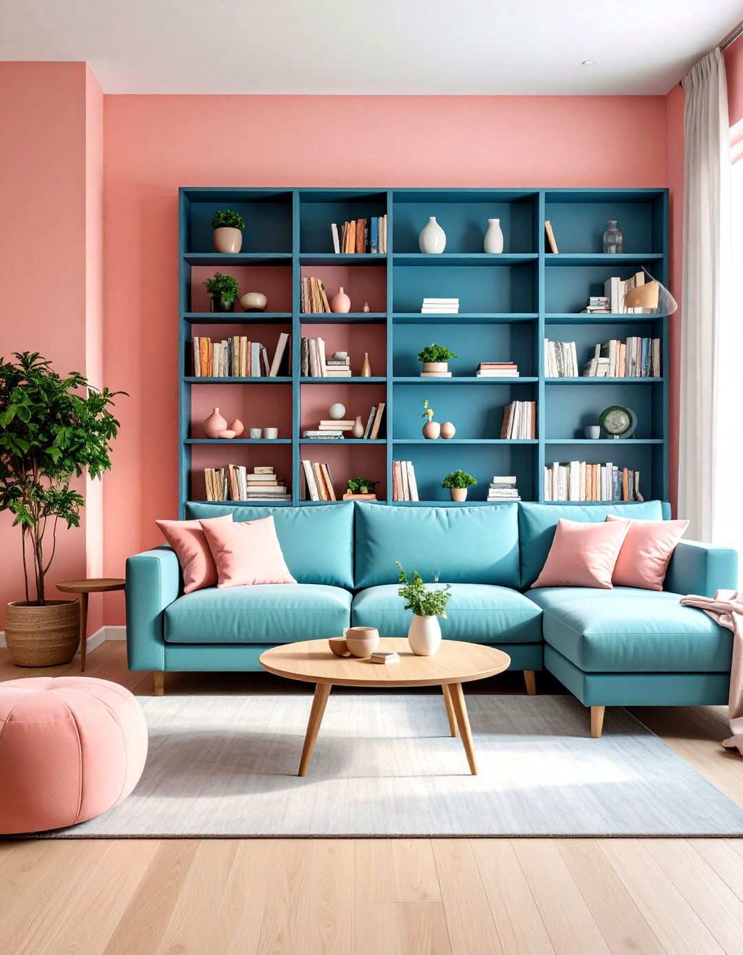 Coral Pink Walls with Midnight Blue Built in Bookcases - 24 Pink and Blue Living Room Ideas