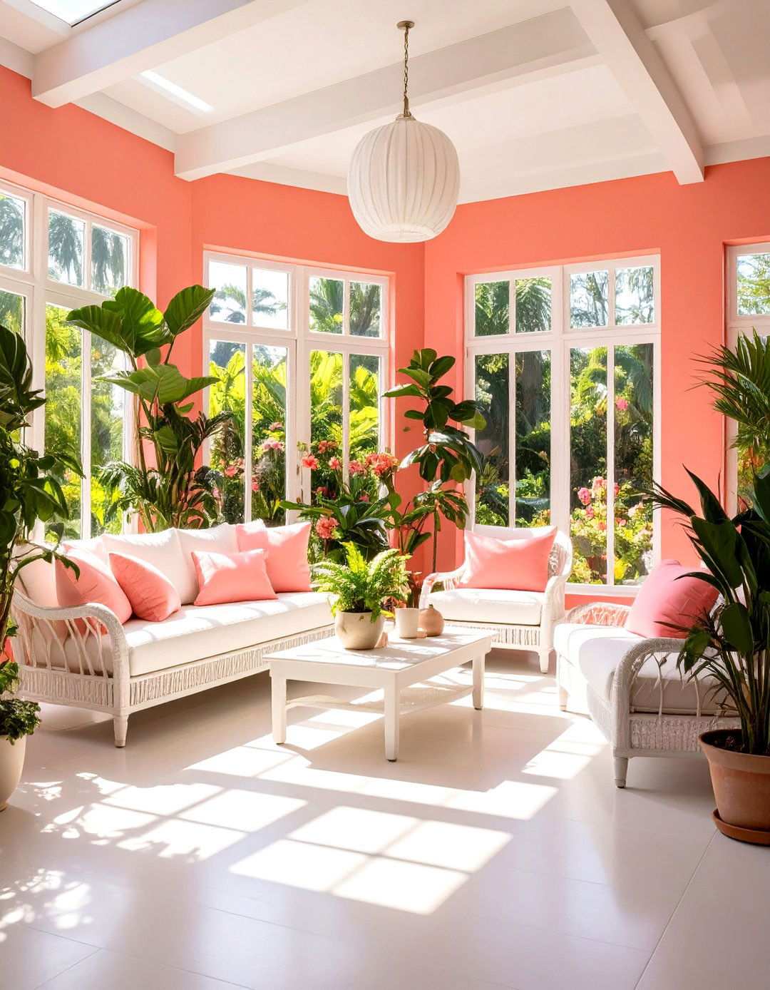 Coral Sunroom with Warm Tropical Vibes - 24 Sunroom Color Ideas